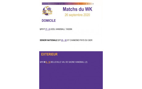 Résultats week-end du 26 &amp; 27 septembre